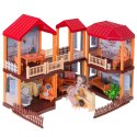 Domek dla lalek willa czerwony dach oświetlenie + mebelki i lalki